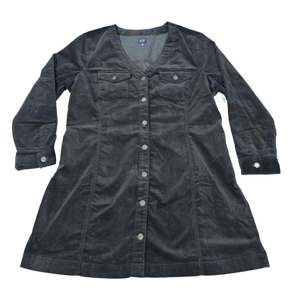 GAP Women's XL Black Velvet Button Front Mini Shirt Dress NWT